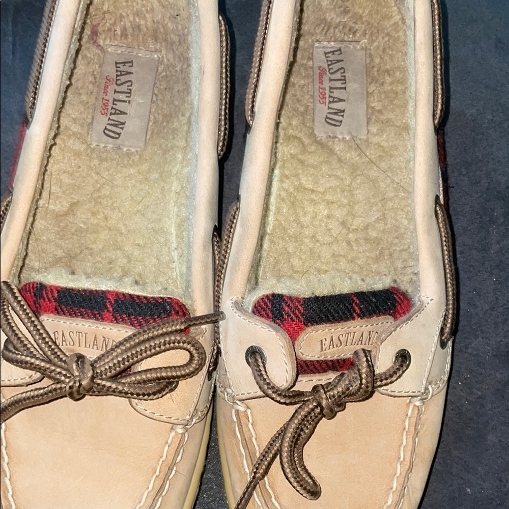 Eastland Tan Moccasins with Decorative Bow and Cozy Lining